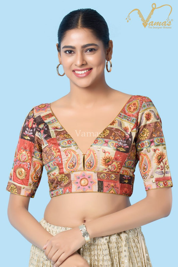 Vamas Women's Brocade Padded Back Open Elbow Sleeves Saree Blouse ( B-166.ELB )