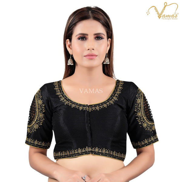 Vamas Women's Mulbury Silk Padded Front Open Elbow Sleeves Saree Blouse ( KP-240.ELB )