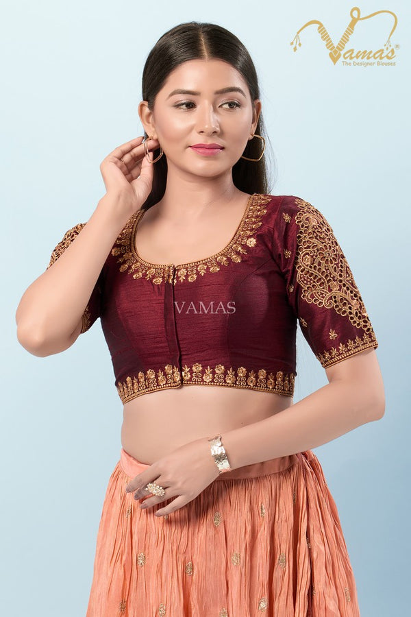 Vamas Women's Silk Padded Front Open Elbow Sleeves Saree Blouse ( KP-282.ELB )