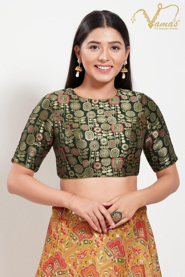 Vamas Women's Brocade Padded Back Open Elbow Sleeves Saree Blouse ( VFJ-98 )