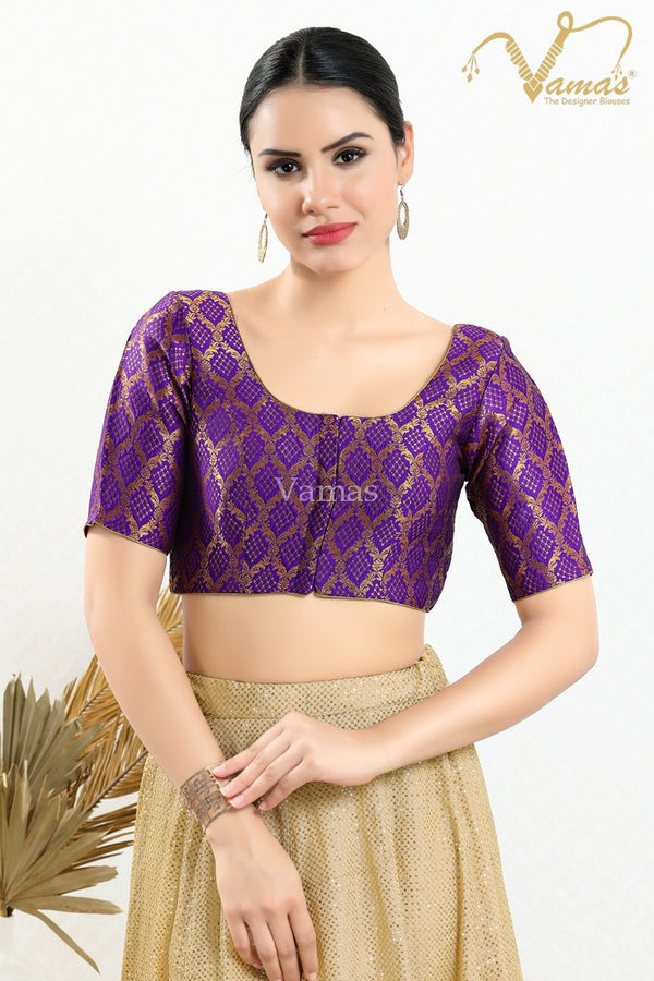 Vamas Women's Brocade Padded Front Open Elbow Sleeves Saree Blouse ( X-1080.ELB )