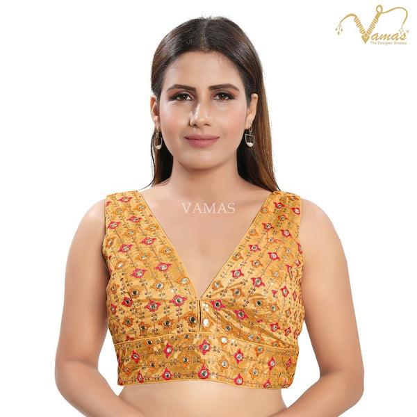 Vamas Women's Brocade Padded Back Open Sleeveless Saree Blouse ( X-995.NS )